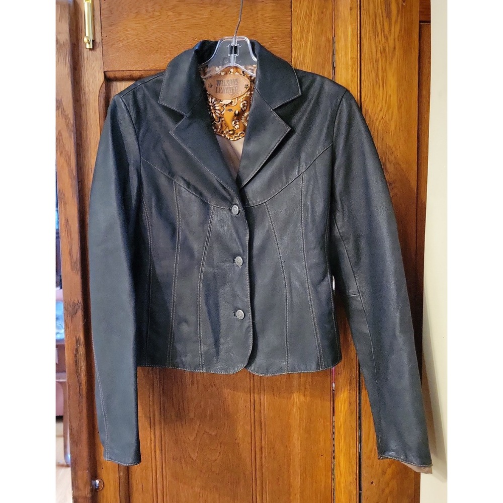 Womens  Wilson Leather Black Leather  3 Button Western Blazer Jacket Size Small